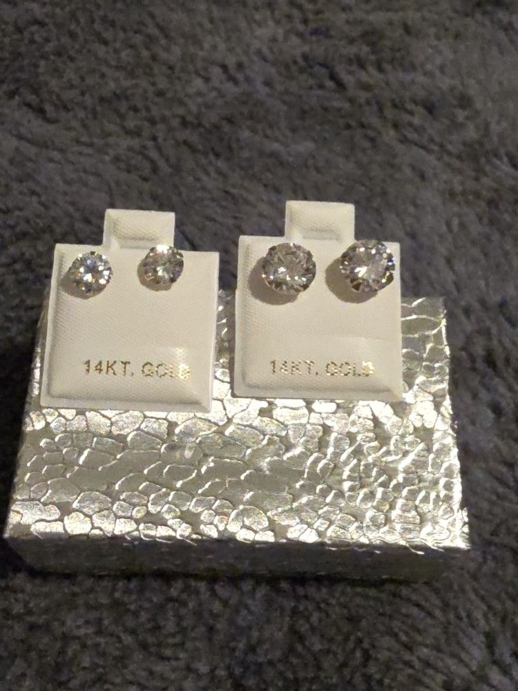  5mm And 8mm Solid 14k Gold With Simulated Diamond Earrings 
