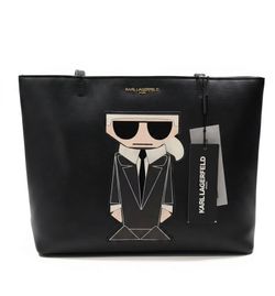 Karl Lagerfeld Black Leather Maybelle Tote with Icon Graphic
