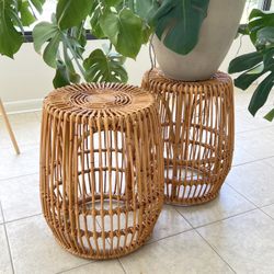 Set of 2 Bamboo Rattan Cage Accent Side Table Stands