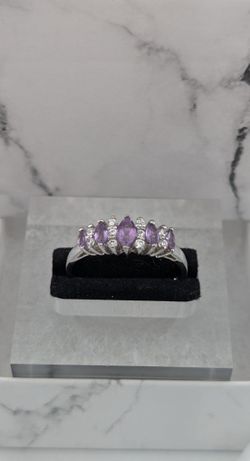 925 Marquise Amethyst and Cubic Zirconia Sterling Silver Ring, Stackable Band Ring- Size 11