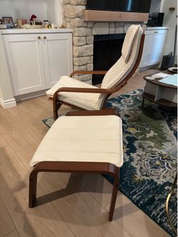 IKEA POÄNG lounge Chair & Ottoman, Bentwood Frame, Cream Cushions