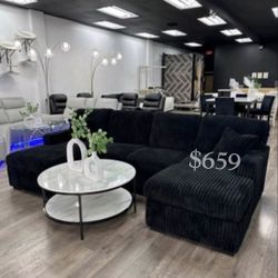 Stylish 2 -pc Sectional Sofa With Pull-out Bed & Storage Black Fur-like  Jumbo Corduroy 