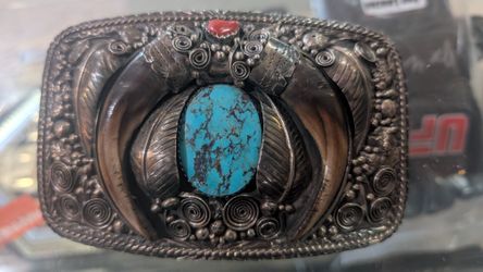 Vintage Sterling Silver Bear Claw Turquoise Belt Buckle Handcrafted Western