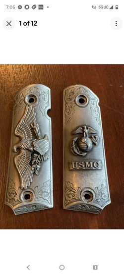 Vintage USMC & US Eagle Engraved Pewter Silver Colt 1911 Grips