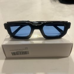 New Square Rectangle Retro Vintage Unisex Sunglasses (Black Frame/Blue Lens)