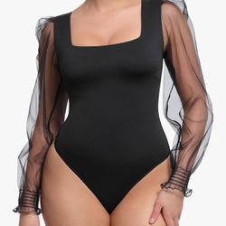 FeelinGirl Bodysuit for Women Tummy Control Seamless Fashion Thong Tops Long Puff Sleeve Bodysuit XXL
