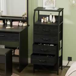 5 Drawer Dresser with Charging Station Side Table w/ Fabric Drawers End Table Black Bedroom