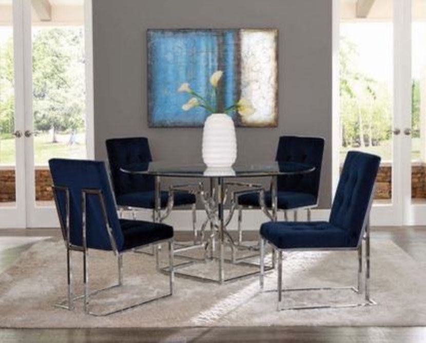 Brand New 5PC Chrome/Ink Blue Dining Set