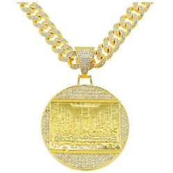 ✅Hip Hop Miami Chain 14K Gold Plated Men's Alloy And Bling CZ Big Round Card Pendant And Choker 22 Inch✅