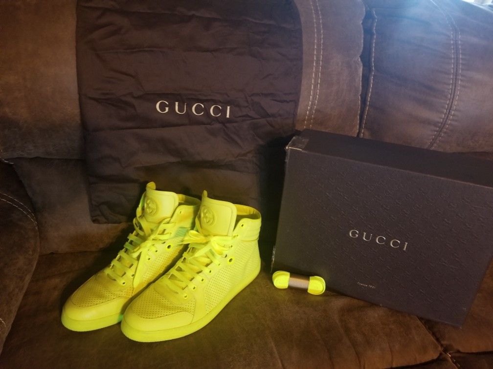 Gucci neon matte high top sneakers size 10.5 with box, laces, bag