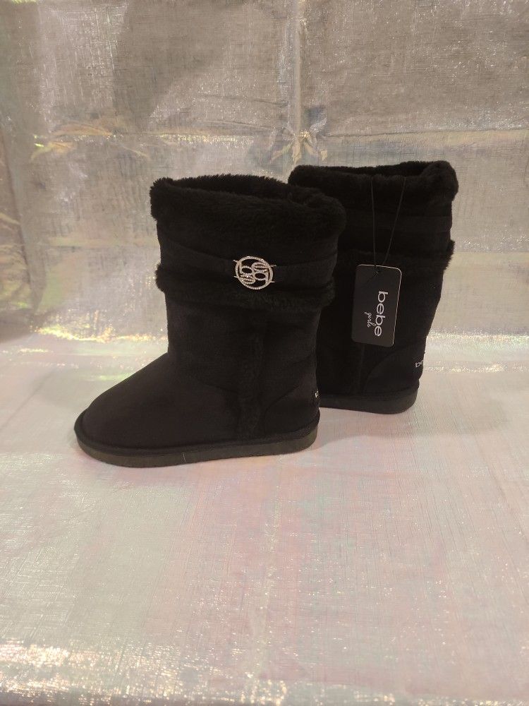 BEBE Girls Size 2 Microsuede Faux Fur Lined Black Winter Boot