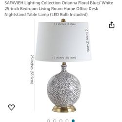 SAFAVIEH Lighting Collection Orianna Floral Blue/ White 25-inch Bedroom Living Room Home Office Desk Nightstand Table Lamp (LED Bulb Included)