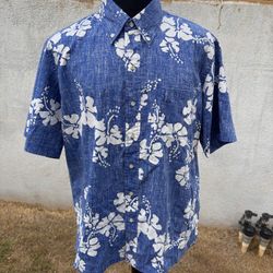 PreOwned Reyn Spooner Hawaiian Print Blue/White Full Button Men's Large