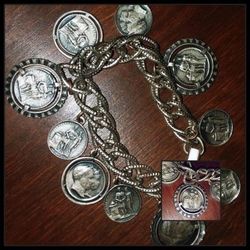 VINTAGE ART NOUVEAU NOUVEA ART DECO ITALIAN ITALY ROME SILVER METAL COIN CHARM PENDANT ANTIQUE JEWELRY BRACELET