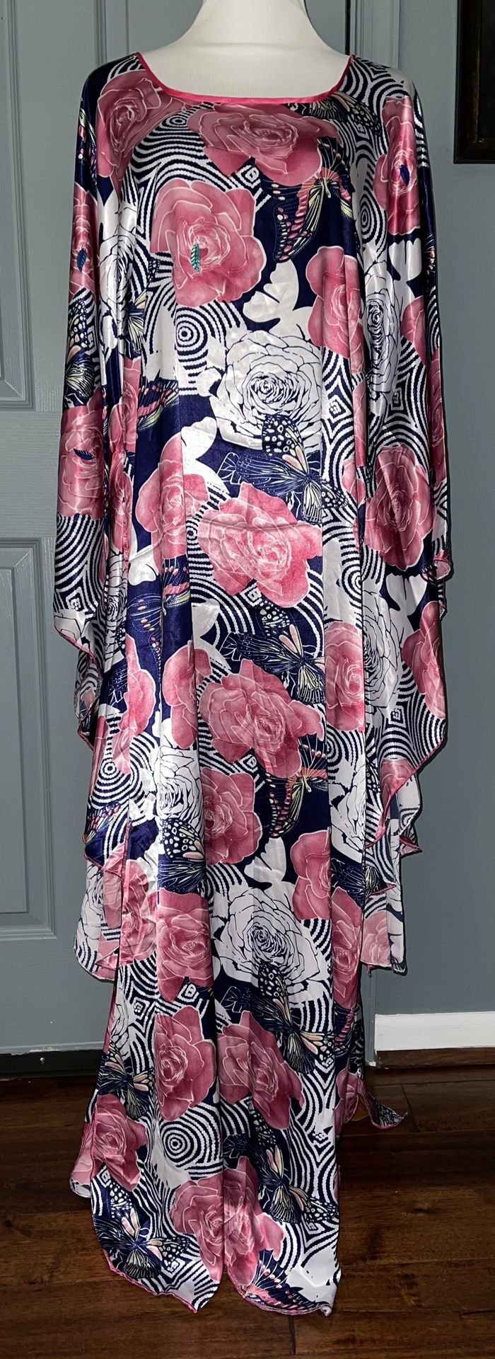 African Butterflies Sleeve Pink and blue Floral Print Water Satın Maxi dress.