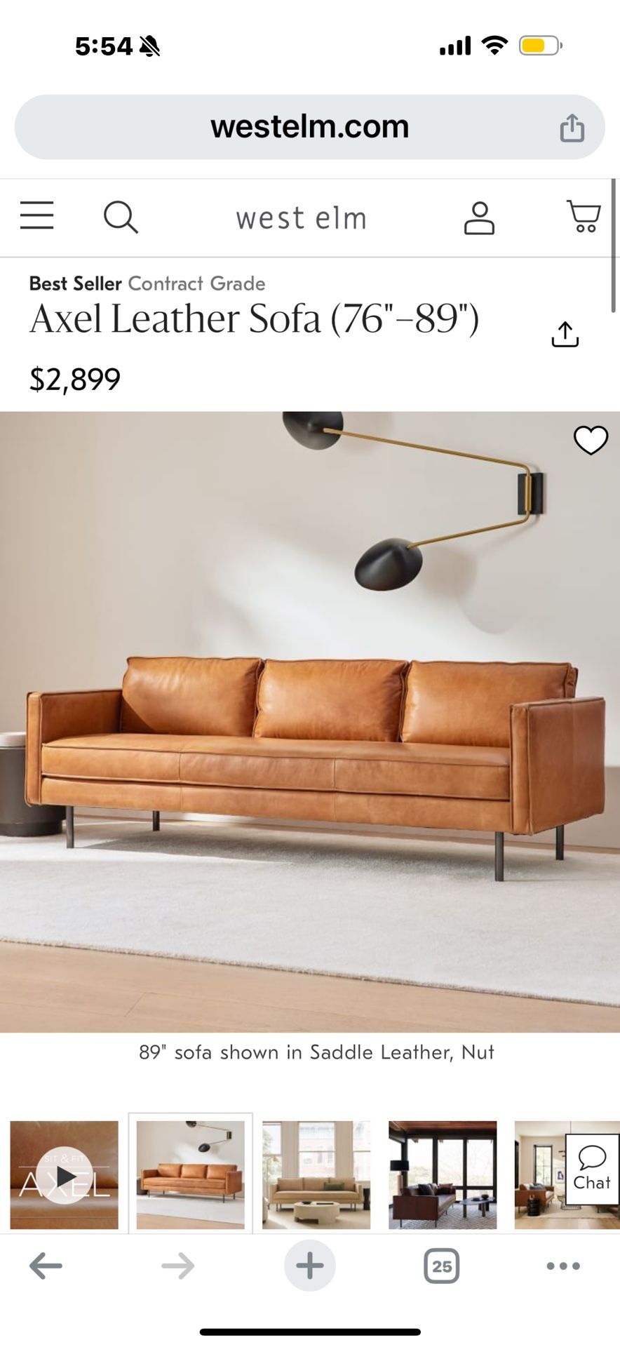 West Elm Axel Leather Sofa 89”