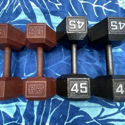 PAIRS OF STEEL HEX :  35 LB.  &  45 LB   DUMBBELLS    •  Will Sell Separately :  35s = $70  /  90s =  $90