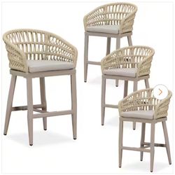 Modern Aluminum Rattan Counter Height Outdoor Bar Stool with Back and Beige Cushion (4-Pack)