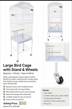 Large Bird Cage with Stand & Wheels – Great Condition