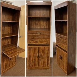 (2) Laminate Book Case. Secretary Desk. Liquor Cabinet Bar. Book Shelf. Storage Shelf w 2 Cabinets. $69 each or $120 both. See all 10 pics