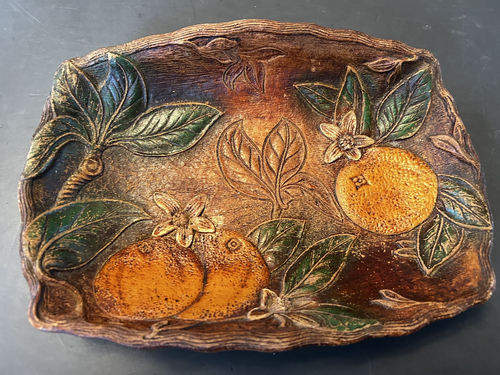vintage Multi Products USA faux carved wood serving tray with an orange