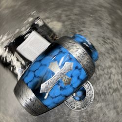 Adult Cremation Urn for Human Ashes Lovely Large Blue/ Blk Cross with Velvet Bag