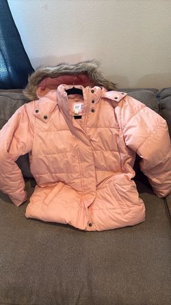 Gap Kids Pink Puffer Jacket with Faux Fur Hood