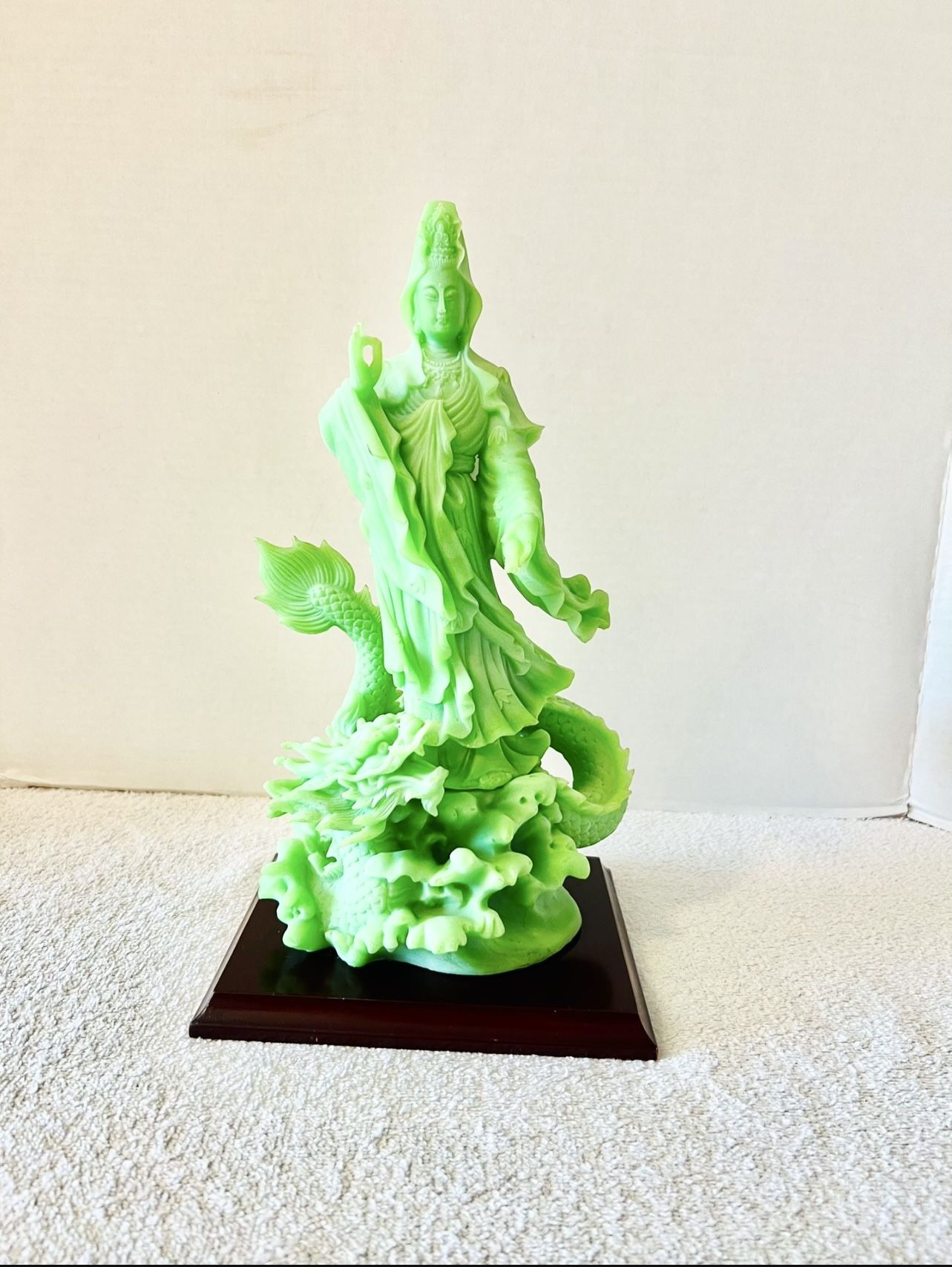 Green Kuan Yin Statue On Wood Base-12.5"-Glows