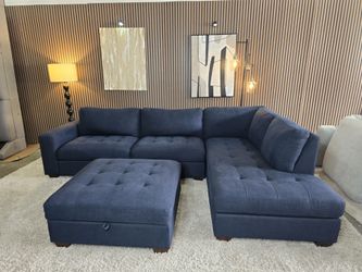 3 Piece - Thomasville Devyn Fabric Sectional with Storage Ottoman Blue