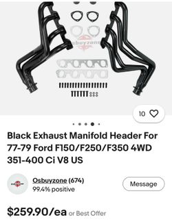 Black Exhaust Manifold Header For 77-79 Ford F150/F250/F350 4WD 351-400 Ci V8 US