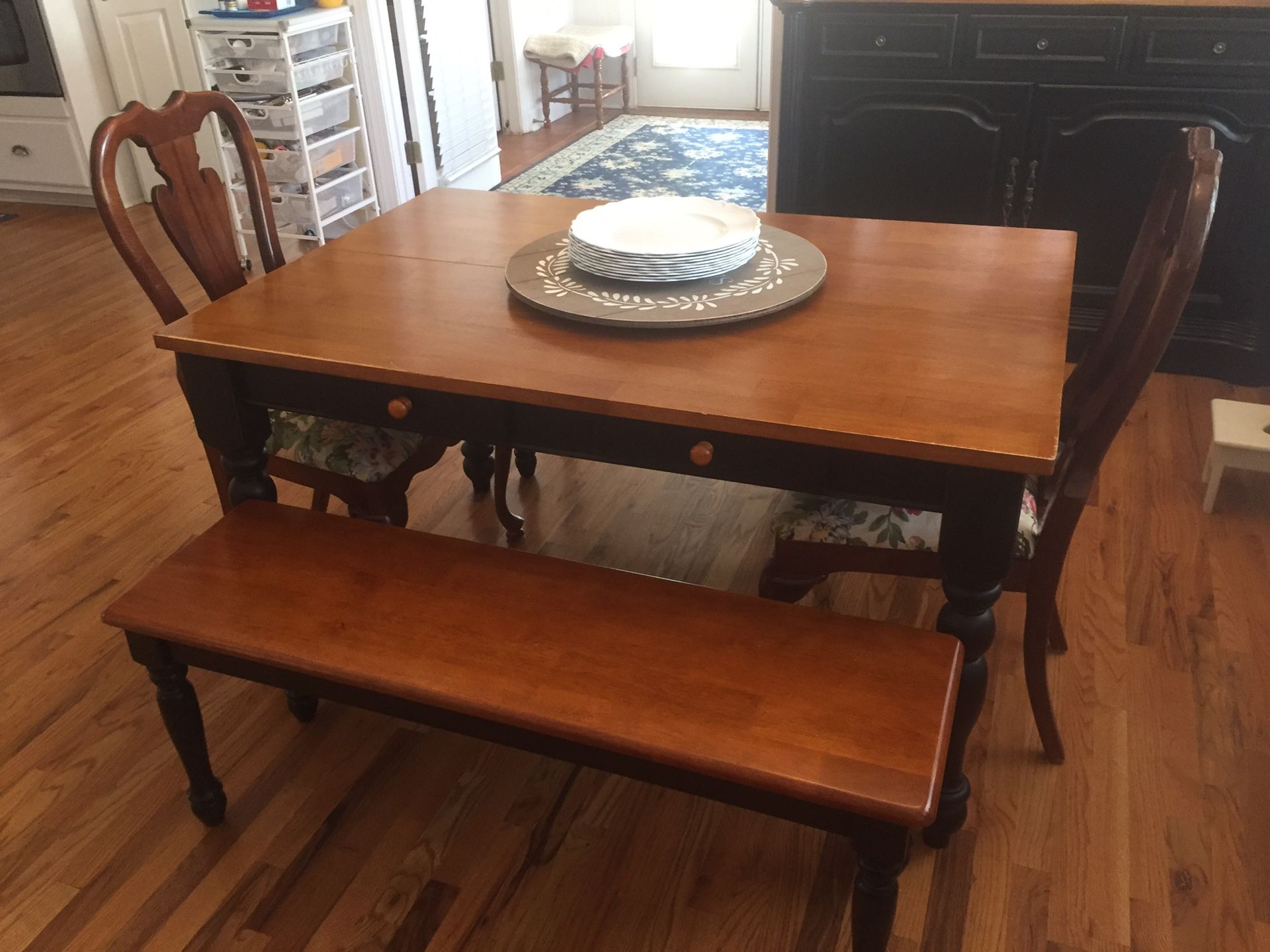 54” kitchen table with 2 chairs, 2 benches, and 1 leaf