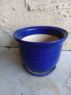 Blue Glazed Ceramic Planter with Saucer