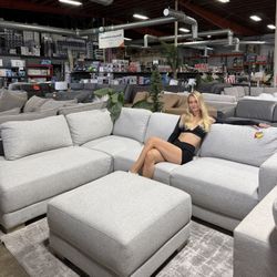 Light Grey Fabric Sectional Sofa With Ottoman