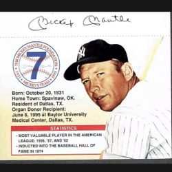 1995 Mickey Mantle Organ Donation  "Join Mickey's Team" Ad and Promo Card...