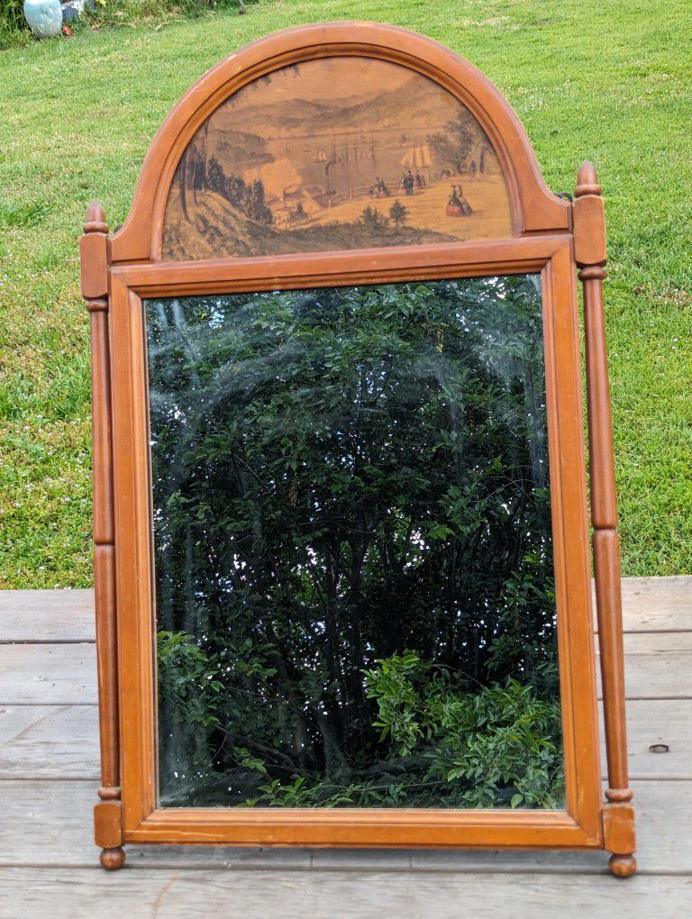 Antique 20"x32" Wooden Framed Mirror with Etched Landscape