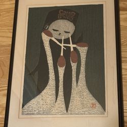 Vintage 1950 KAWANO KAORU "Long Necks". Depicting a Girl and Four Cranes, Sosaku-Hanga