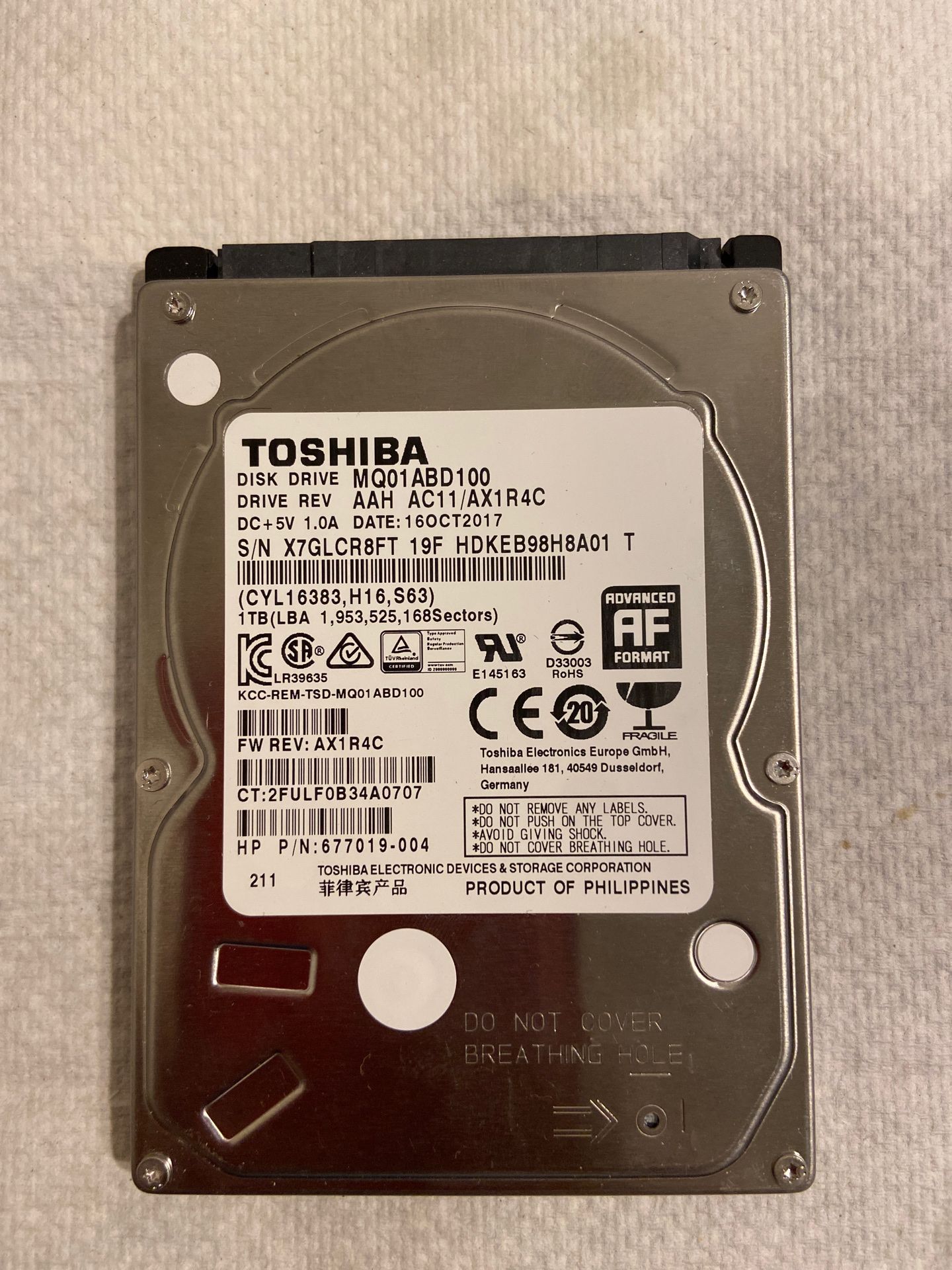 Toshiba 1TB 2.5” hard drive for laptops