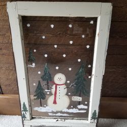 Vintage Wooden Window Painted Snowman Christmas