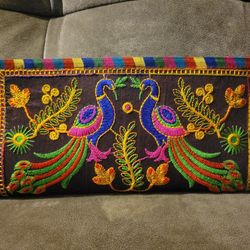 Peacock Rainbow Embroidered Clutch Multicolored Zip Wallet Handmade 4.5"x9.5"