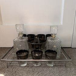 Vintage Barware Set w/ Decanters, Glasses, Ice Bucket & Metal Rack – MCM Style