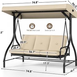 3-Seat Patio Swing with Adjustable Canopy & Backrest, Outdoor Porch Swing Chair for Adults, Outside Porch Converting Bed Thickened Removable Cushions,
