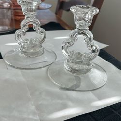 2 Cambridge Clear Glass Crystal Keyhole Single Taper Candle Holders 5.5”