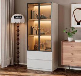 Modern Lighted Glass Display Cabinet with Two Drawers, Dining China Hutch with 3 Tiers Storage Shelves, Wooden Curio Display Showcase for Living Room 