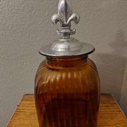Large Ribbed Amber Glass Canister Jar Cast Metal  Handle Lid
