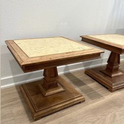 (2) 1960s antique wood and marble side tables