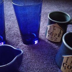 Two Blue Kitchen Glasses 16 Oz/ Two Ceramic Coffee/ Tea Mugs/ Blue Vintage Creamer 4 Oz