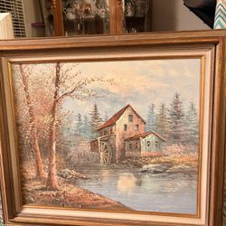 Oil Painting Water Mill Lake House Painting 