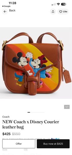 Coach Disney Mickey & Minnie Courier Leather Bag Small Brown Orange Yellow