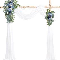 Dusty Blue Artificial Wedding Arch Flowers (Pack of 3), with 26Ft Shiny White Wedding Arch Draping Fabric Arrangement Swag for Ceremony and Reception 