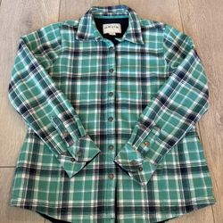 Orvis Fleece Shirt Jacket Womens Medium Green Plaid Fleece Lined Snap With Pockets